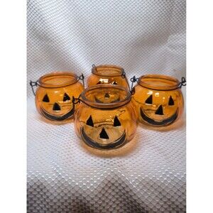 Lot of 4 Greenbrier Glass Pumpkin Jack O Lantern Candle Holders Halloween Decor